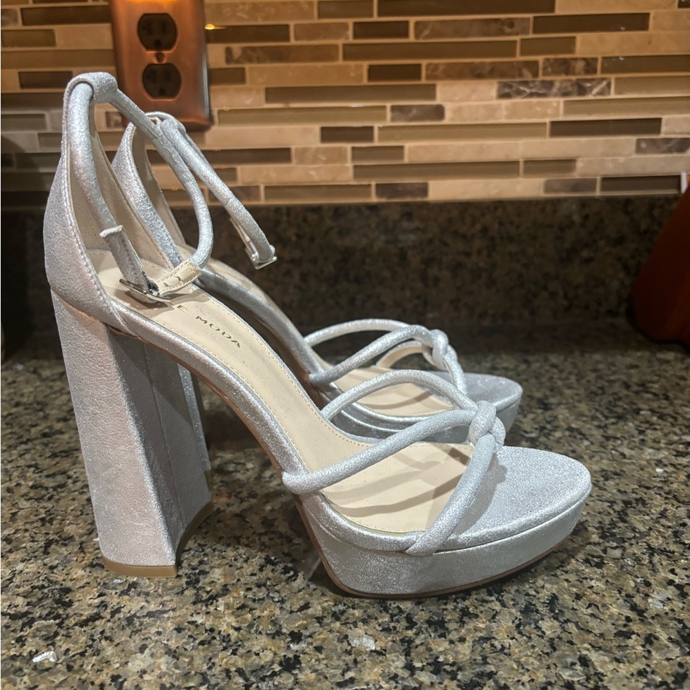 Pelle Moda Silver Strappy Heels with Ankle Strap